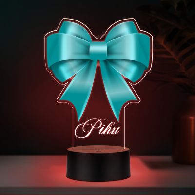 Personalized Turquoise Bow Theme LED Night Light Lamp Custom with Name Girls Room Decor Birthday Gift for Girls Return Gift for Girl Multicolored Light & USB Powered